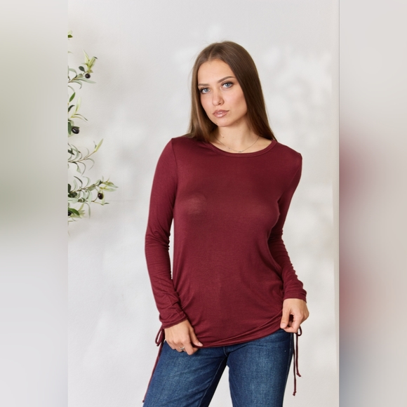 Culture Code Full Size Drawstring Round Neck Long Sleeve Wine Top - Picture 1 of 12